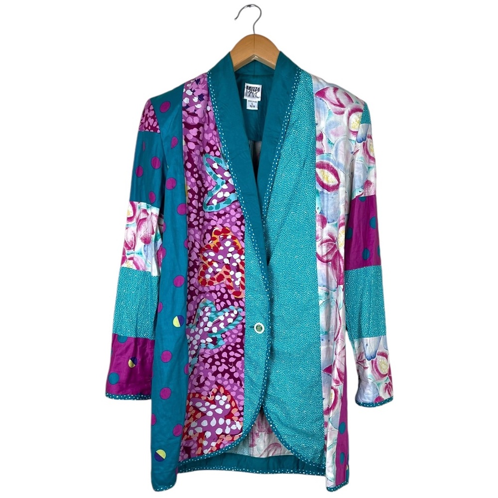 Vintage 1980s Designer Jeanne Marc Colorful Polka Dot Oversized Long Blazer
